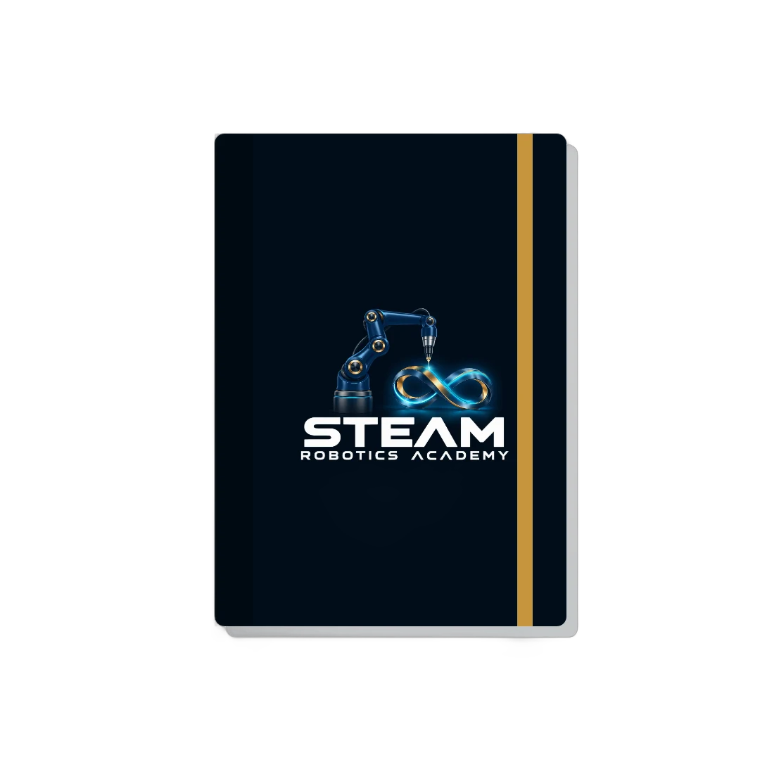 Hardcover notebook with the academy logo and a gold elastic band