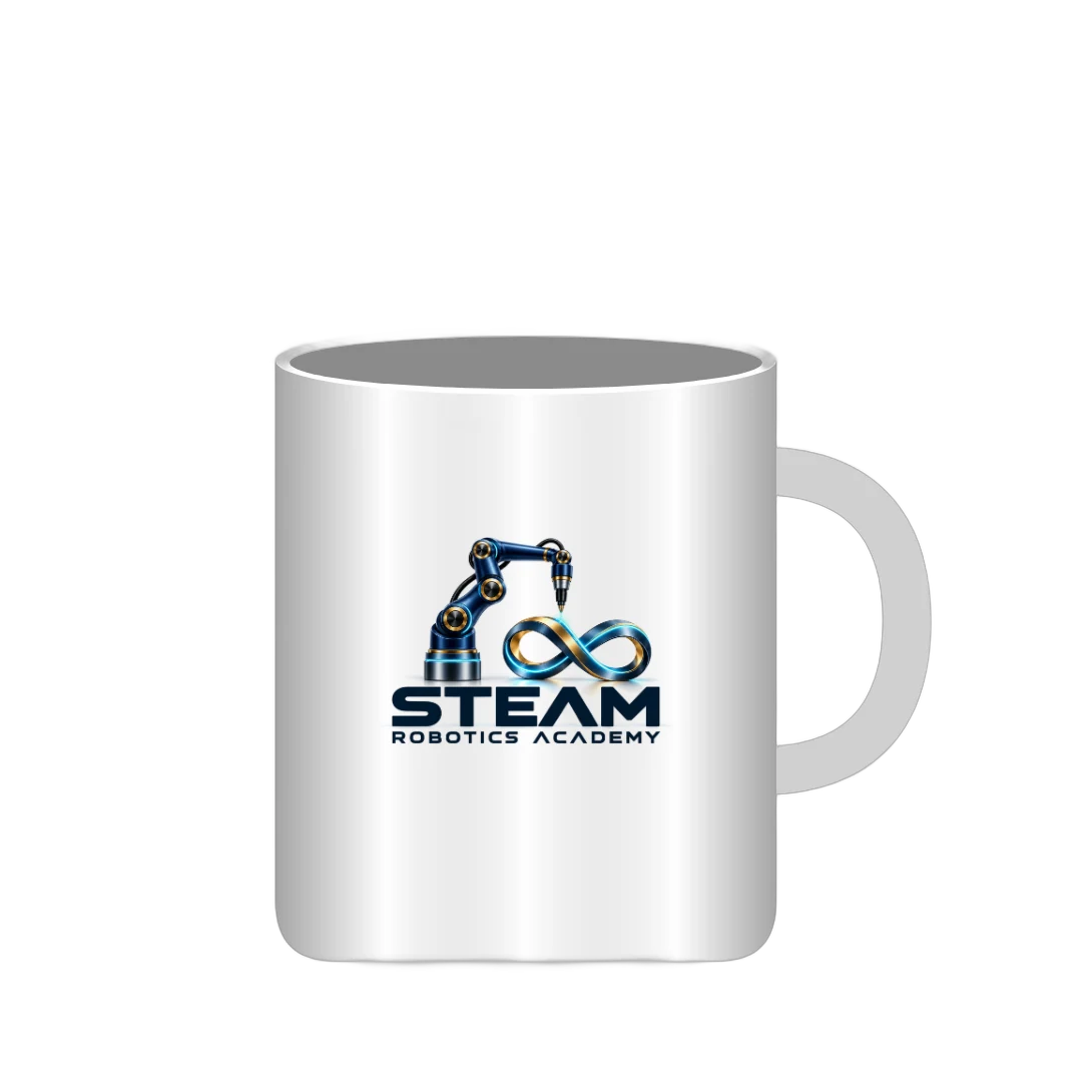 White mug with the academy logo