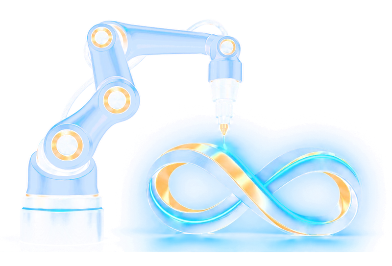 Símbolo de STEAM Robotics Academy: un brazo robótico azul que traza con láser un infinito oro y azul