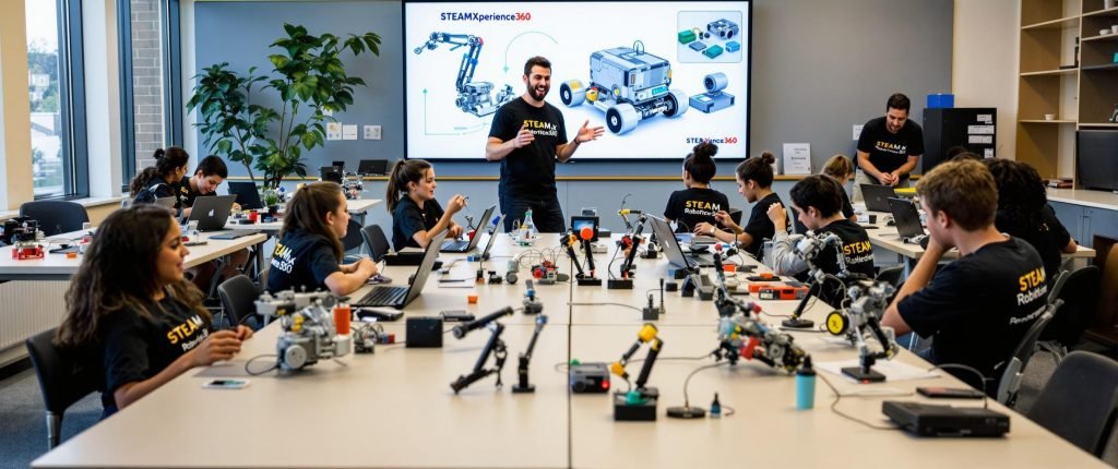 Docentes trabajando con kits de robótica en un laboratorio STEAM